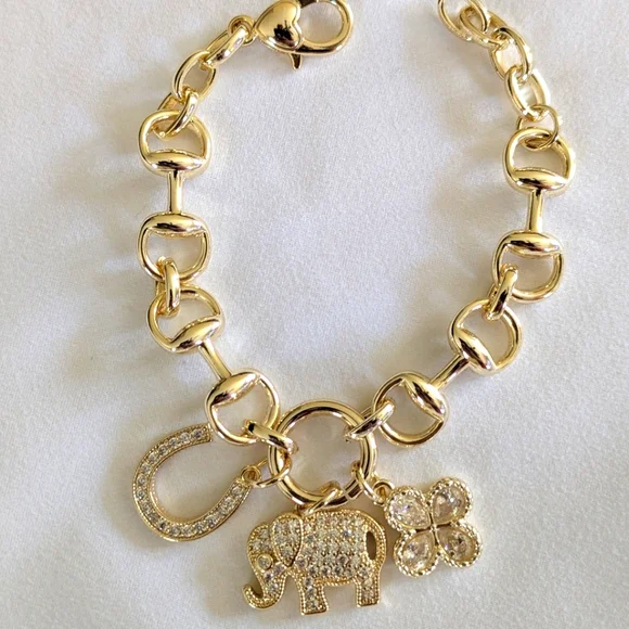 Gold Dipped Charm Bracelet CZ Elephant Clover Horseshoe Adjustable 7.25" - Picture 3 of 5
